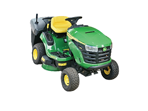 Brand new John Deere riding lawn mower exhibited in a hardware store, ready to be sold