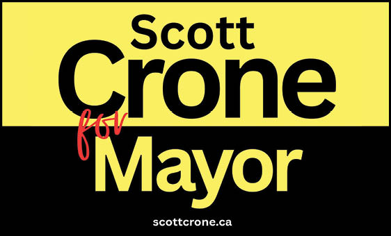 A yellow and black sign for Scott Crone for mayor. AI generated content